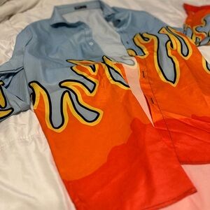 ROMWE Blue and Orange Flame Casual Shirt